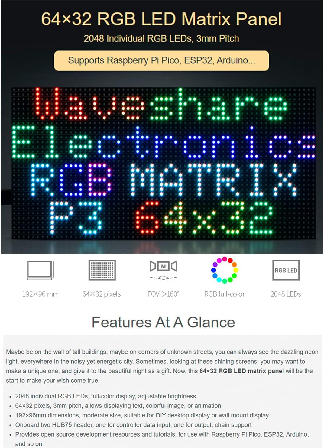 Waveshare RGB LED Matrix Panel 64x32 overview showing key features like dimensions, pixel count, viewing angle, and full-color display.