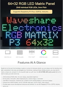 RGB LED Matrix Panel 6432, 2048 DOTS Pixels 3mm Pitch,Compatible with Arduino/Raspberry Pi Pico/ESP32,Allow Displaying Text, Colorful Image, Animation, Adjustable Brightness Chainable Design