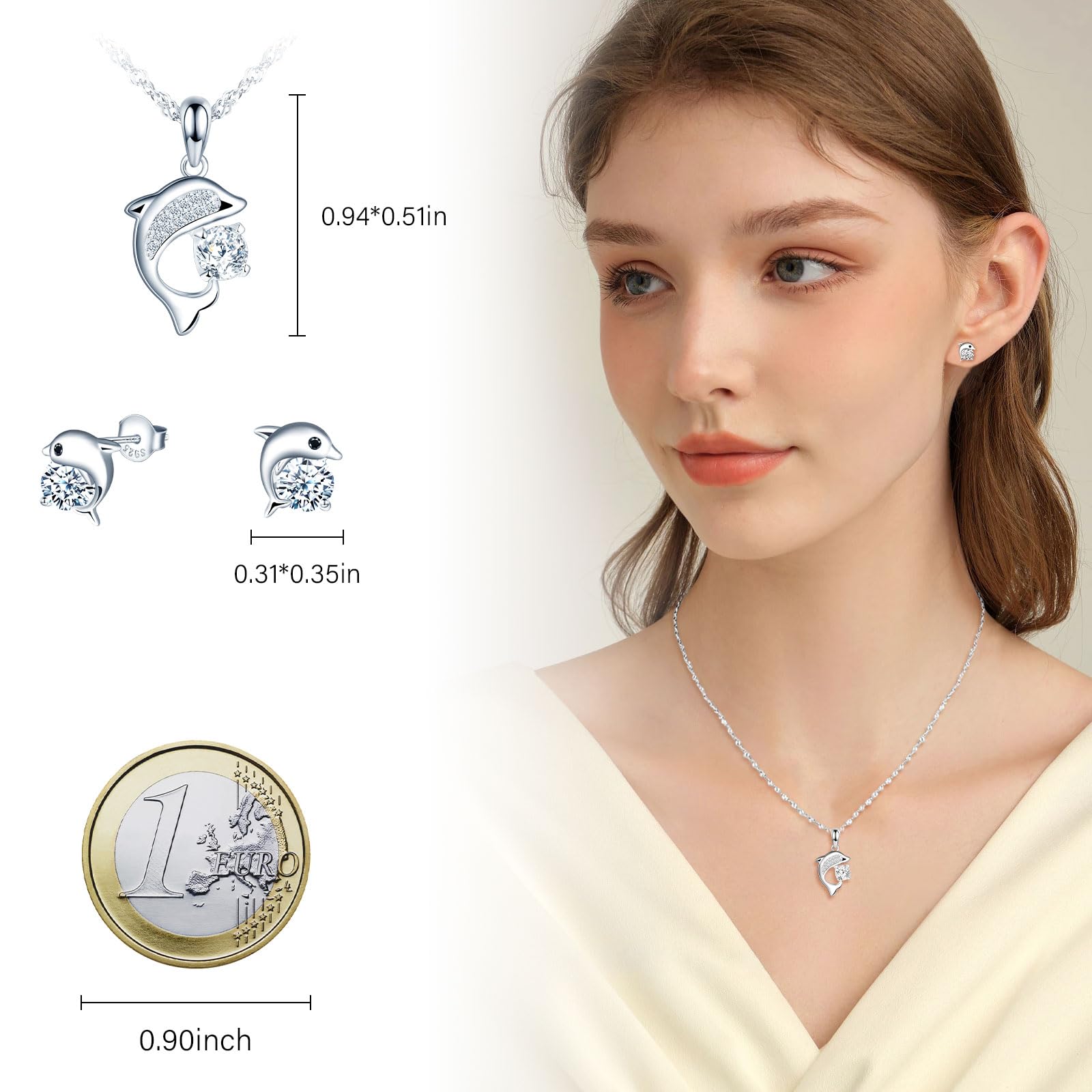 Argento 925 Set di gioielli da Donna Collana e Orecchini Delfino con Zirconi: Per Spiaggia, Festa in Casa, Elegante Parure Gioielli per Donne e Ragazze