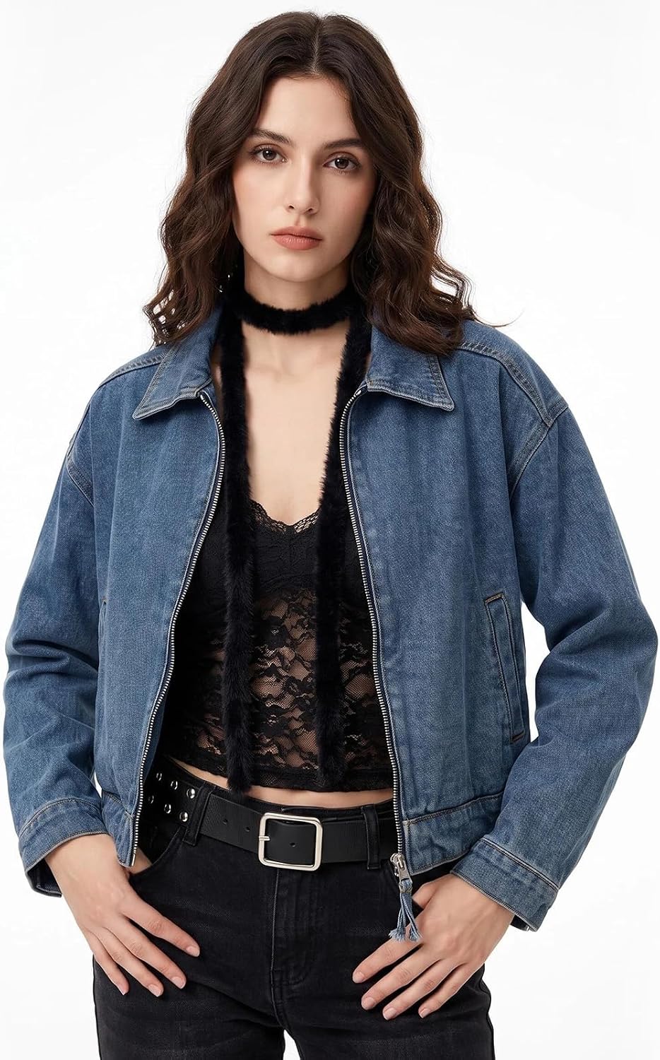Women's Denim Bomber Jacket Crop Loose Fit Zip Up Casual Fall Coat image 4