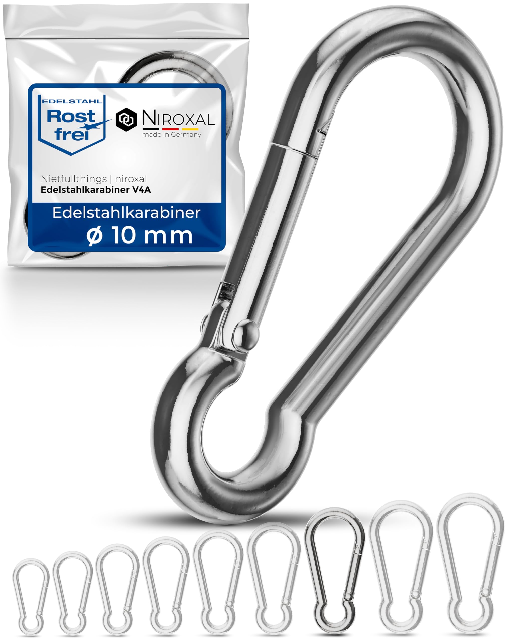Niroxal 10 mm Stainless Steel Snap Hook – Heavy Duty Carabiner Clip – Marine Grade 316 – Spring Snap Hook – 1 Pack — image 1