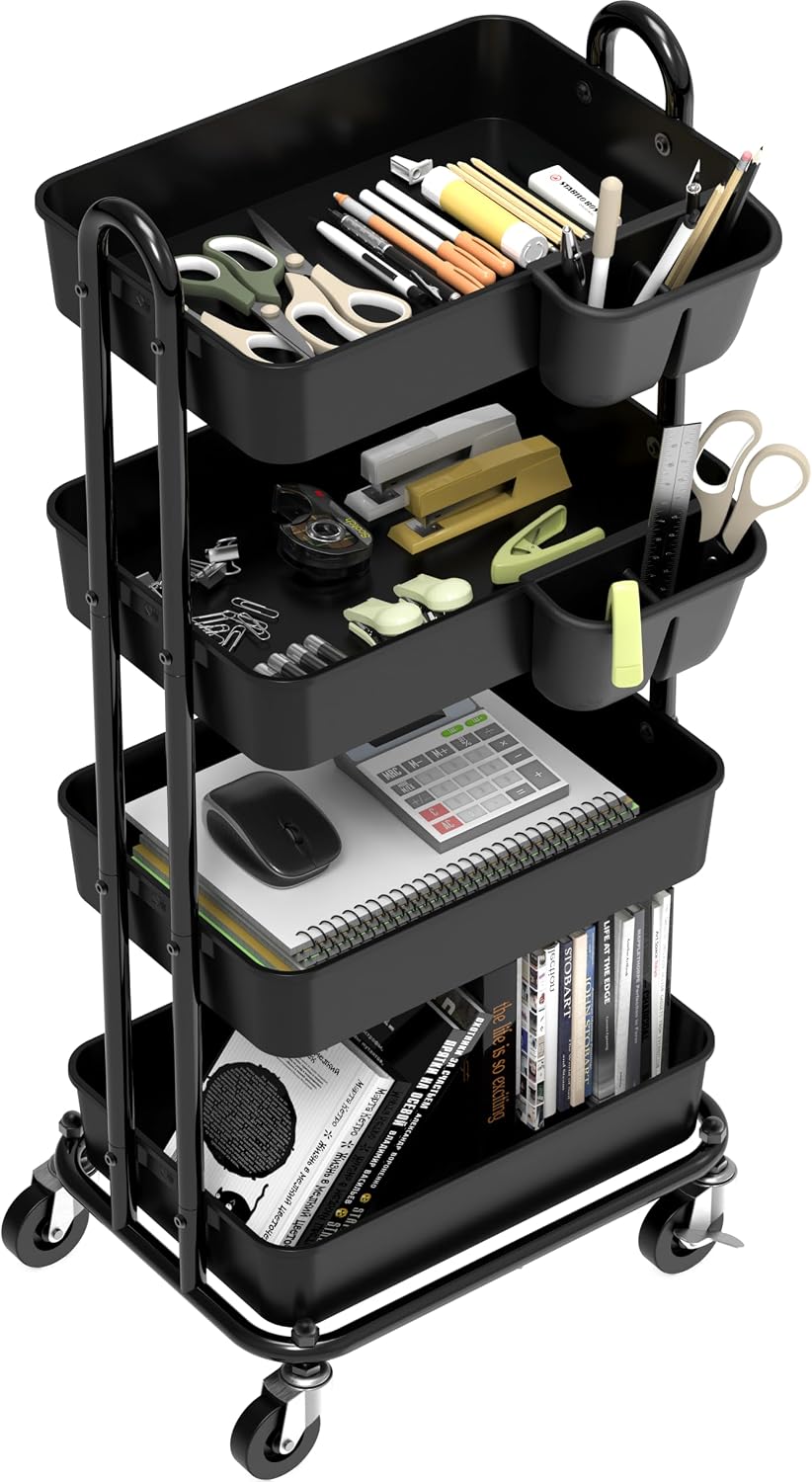 Simple Houseware 4-Tier Rolling Utility Cart with Hanging Bucket, Black image 2