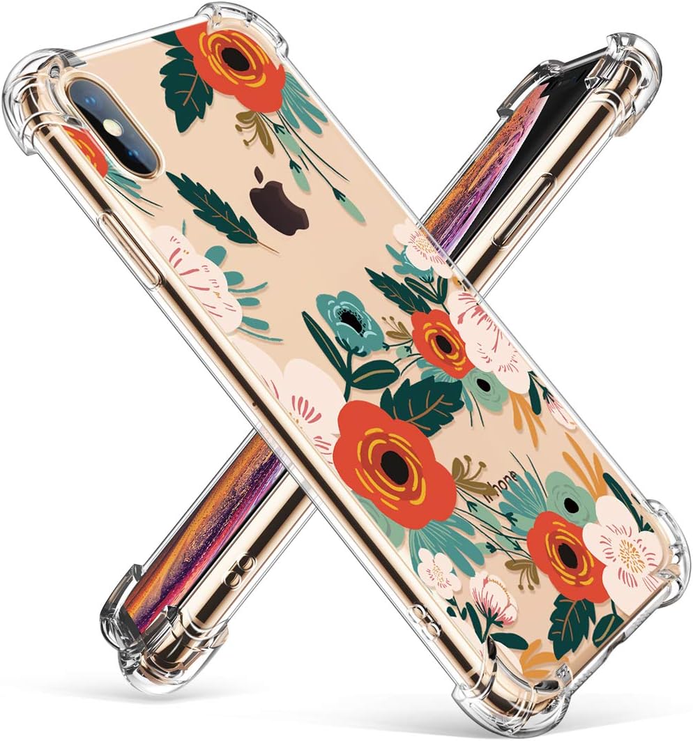GVIEWIN Clear Flower iPhone XS Max Case, Pattern Design Soft & Flexible TPU Ultra-Thin Shockproof Transparent Women Floral Cover, Cases for 6.5 Inch 2018 (Flowering/Reseda Green)