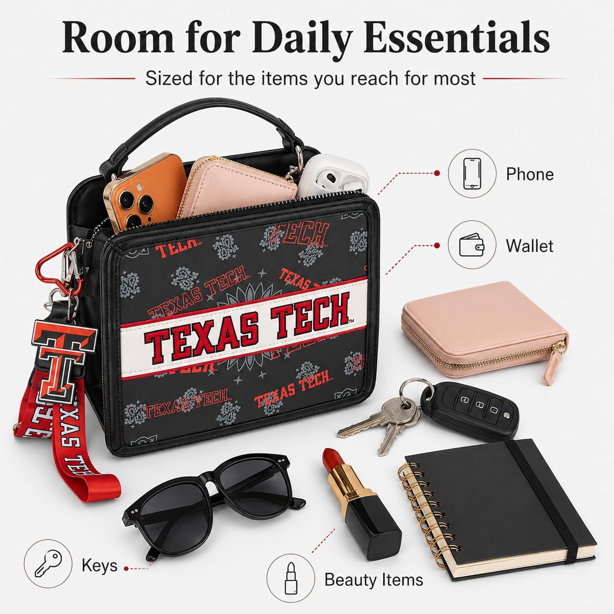 Texas Tech NCAA Crossbody Bags for Women, 2026 NCAA Team Logo Spirited Style Printed Purse with Adjustable Strap, Handbags Wallets for Stadium Events | Black, NC-TTU004BK