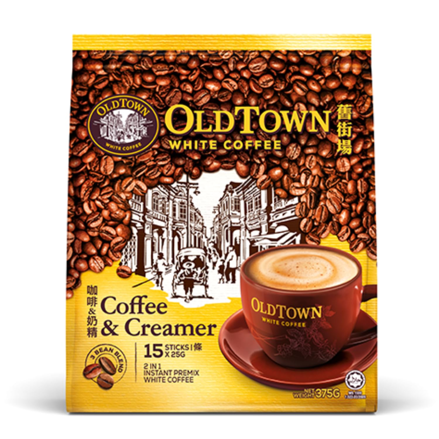 Old Town White Coffee & Creamer 2 in 1 Instant Premix White Coffee Packet (15 X 25g), 375g
