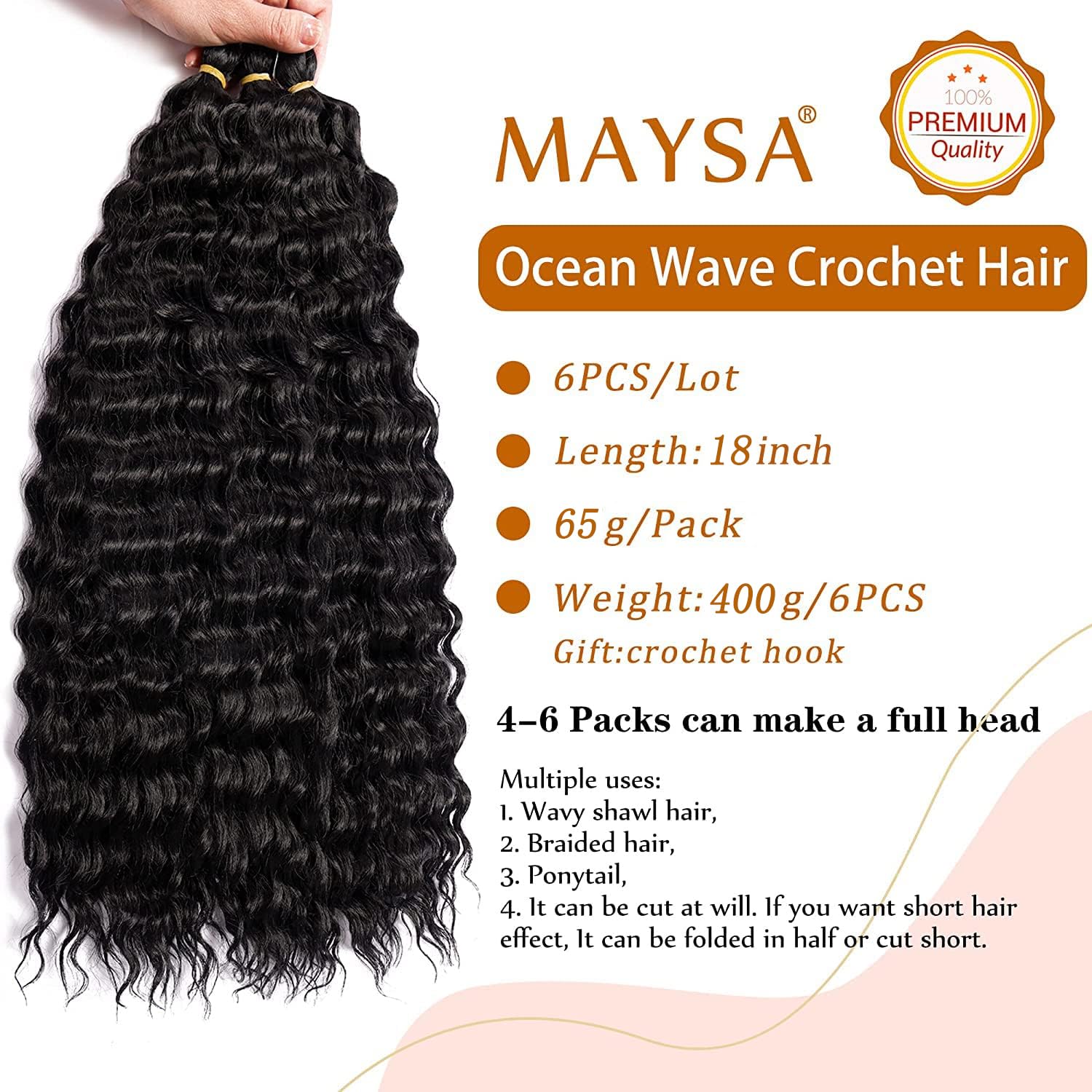 Ocean Wave Crochet Hair Extension 18 inch Curly Crochet Hair 6packs Deep Wave Crochet Hair Extensions for Women #1B Natural Black