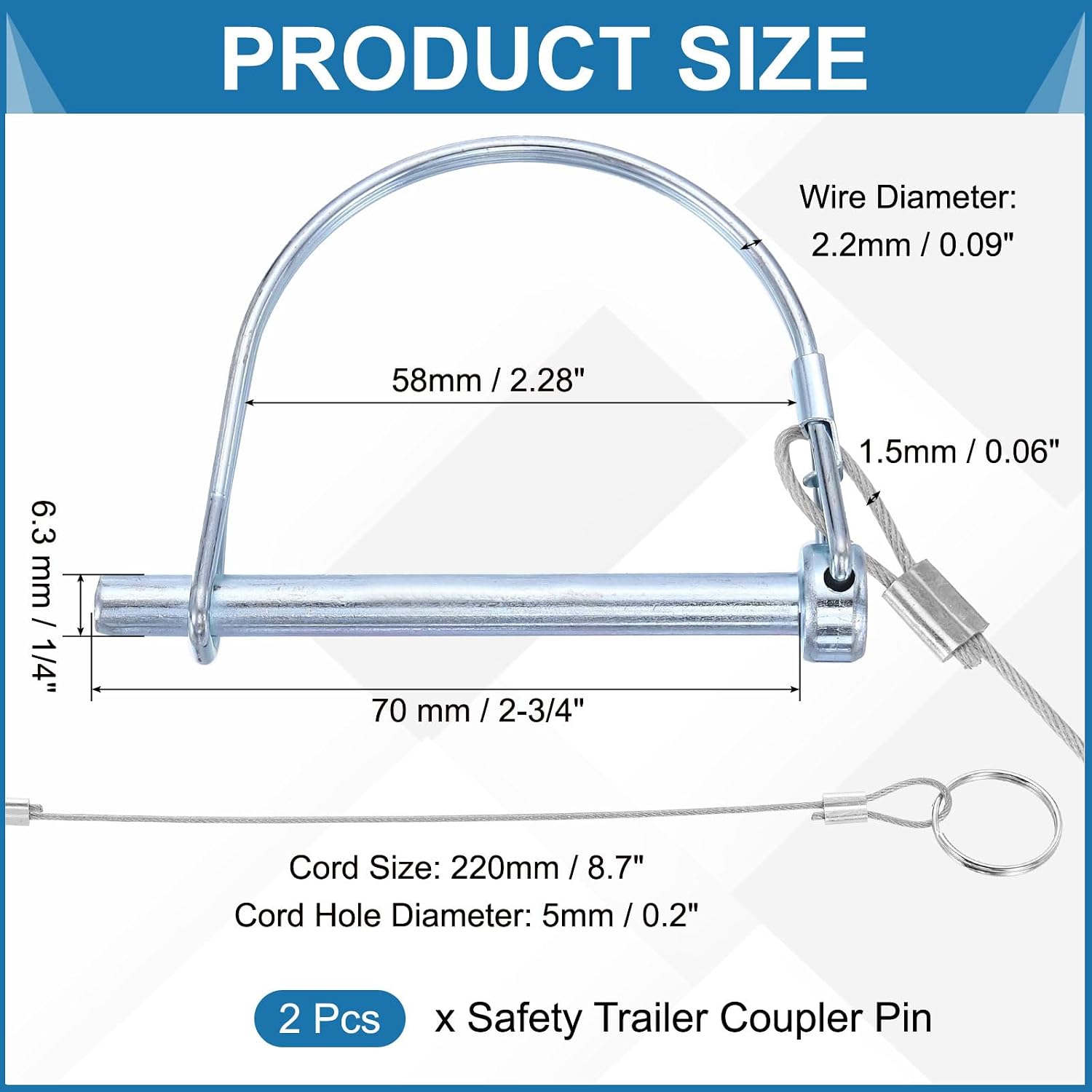 PATIKIL 2 Pcs Trailer Coupler Pins, 1/4" x 1-9/16" (6.3mm x 70mm) D Shape Shaft Locking Pin with Ear Extended Cord Quick Release Ring Round Arch Wire Retainer for Farm Trailers Hitches