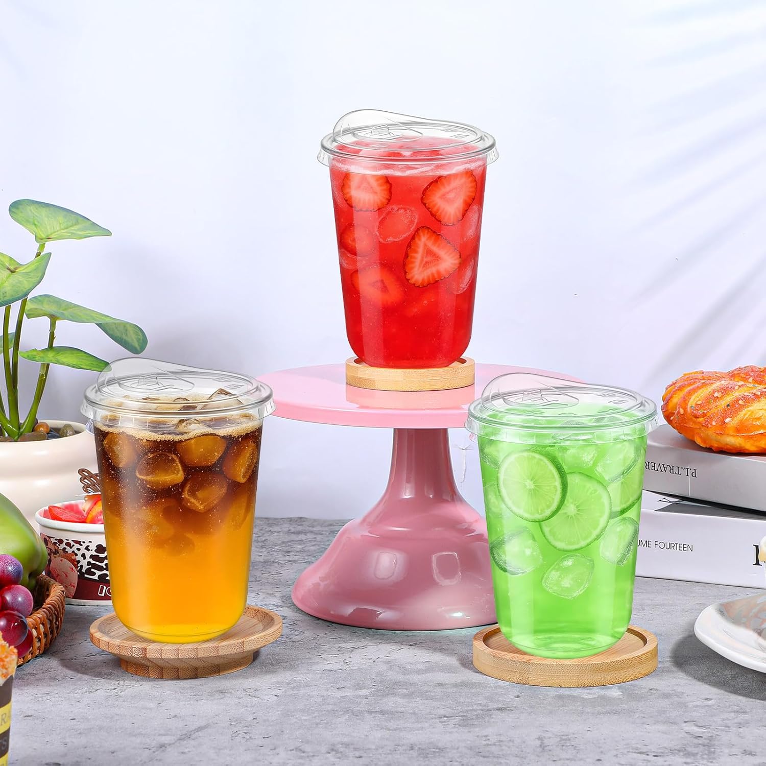 50 Pack 16 oz Clear Plastic Cups with Lids, Disposable Iced Coffee Cup with Strawless Lid for Party Wedding Catering Events, Disposable Drinking Cups with Lids for Cold Drinks Milkshake Lemon - Image 5