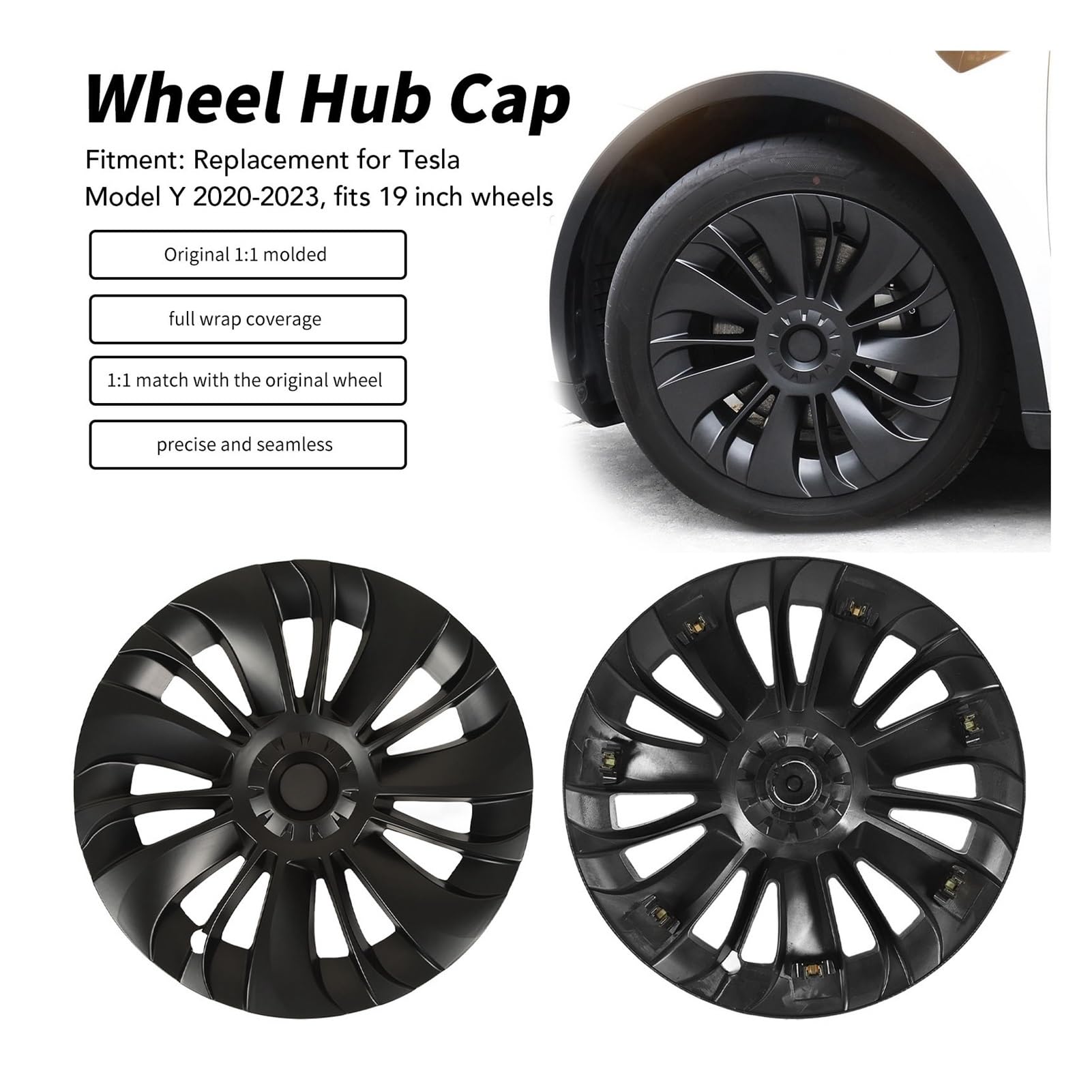 Lot De 4 Capuchons De Moyeu Noir Mat 19 Pouces Pour Tesla Model Y (2020-2023) - Protection Jante Complète