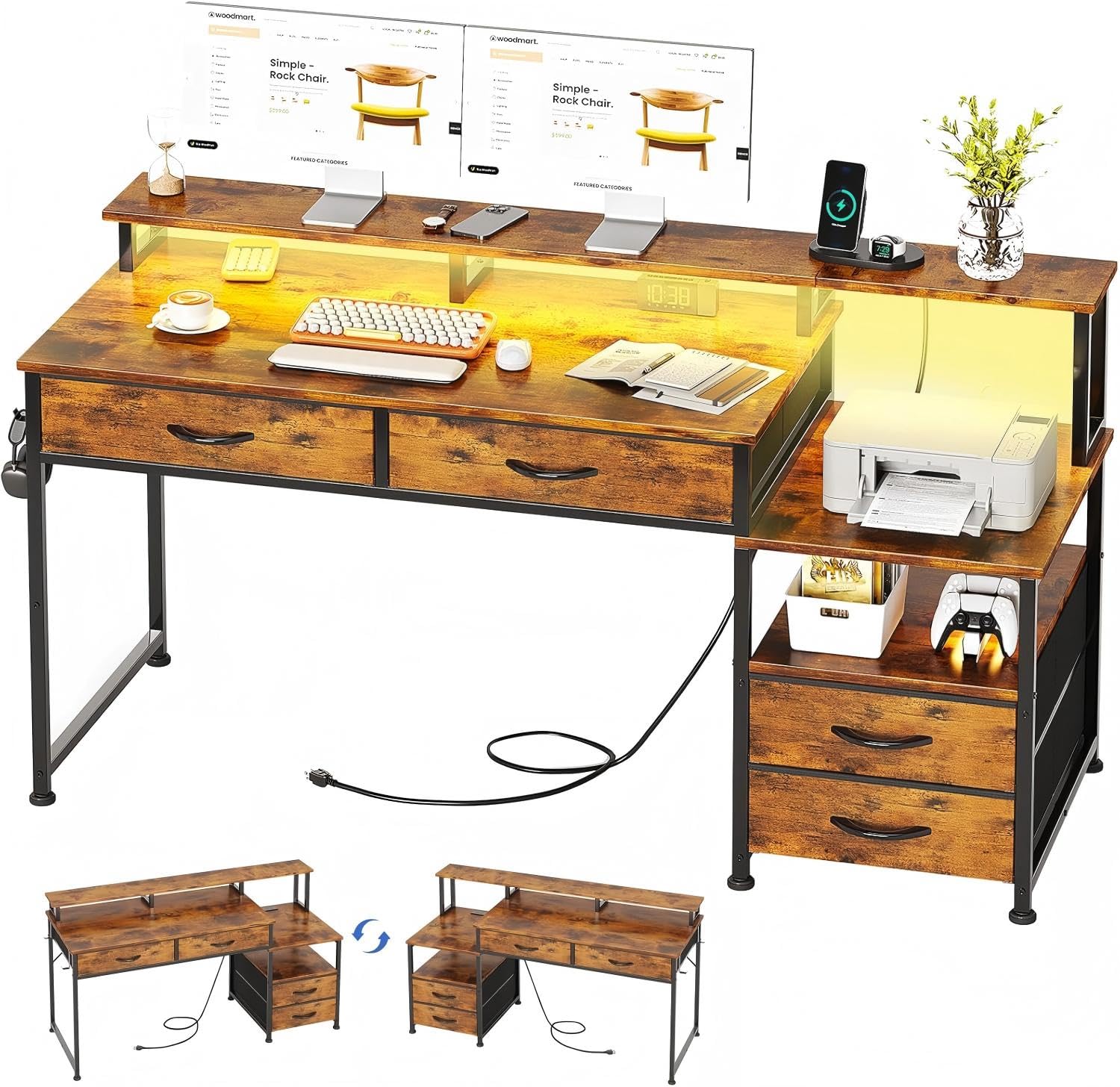 Bureau avec tiroirs en tissu et support de moniteur amovible de 135 cm