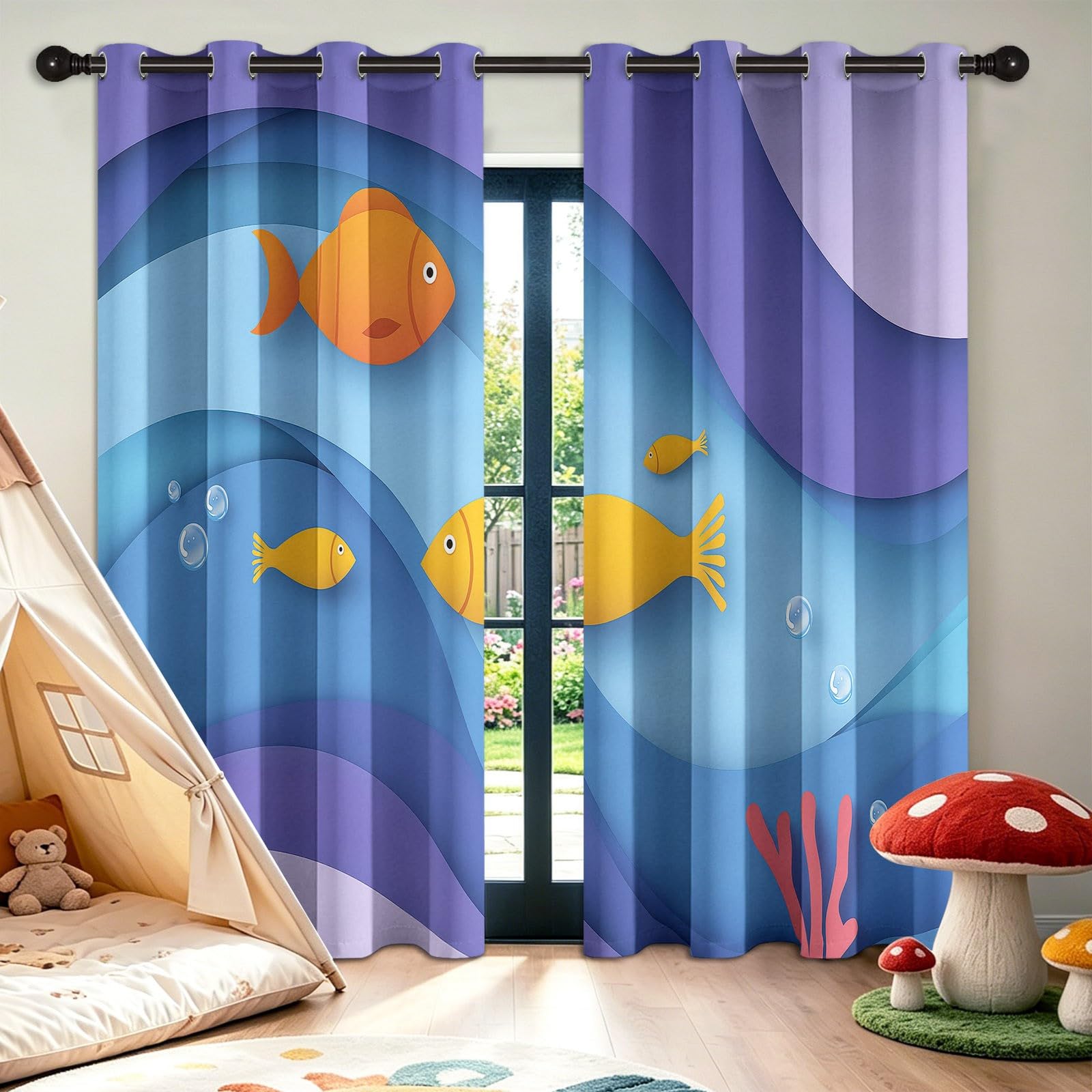 Papier zwierzęcy ryba zasłona termiczna z izolacją termiczną 2 sztuki zasłony 75 x 166 cm, zaciemniające i termoizolacyjne do salonu/sypialni - dekoracja domu z oczkami