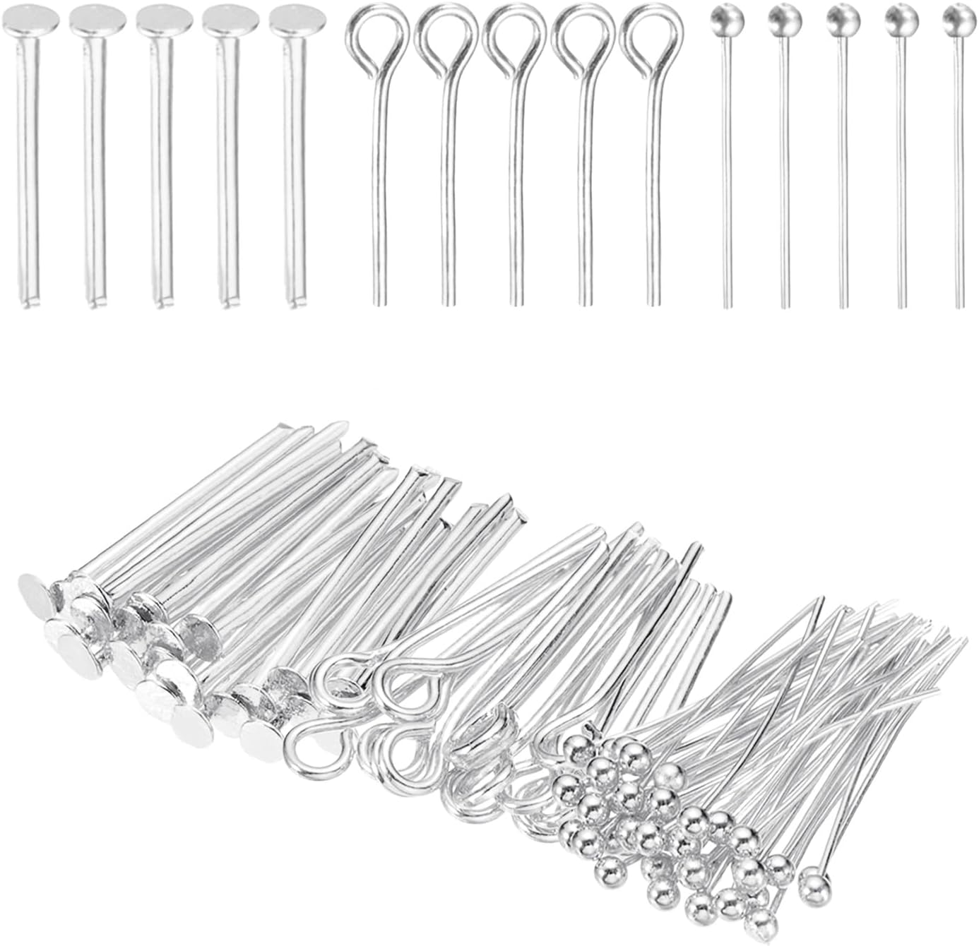 PATIKIL Head Pins Set for Jewelry Making, 600 Pcs 3 Styles 0.63" Flat Head & Ball Head Pins & Eye Pins Findings for DIY Necklaces, Earrings, Bracelets Making Supplies (Silver Tone)
