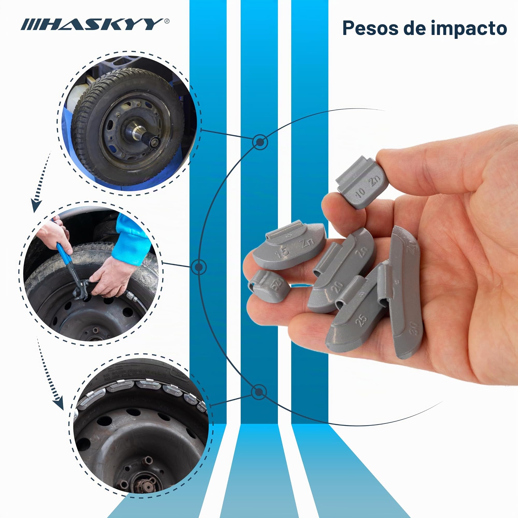 HASKYY 225 Pesos de percusión para Llantas de Acero // 50 de 5 g, 10 g, 15 g // 25 de 20 g, 25 g y 30 g Cada una