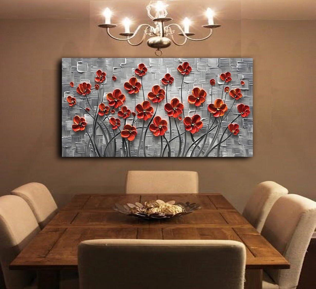 YaSheng Art - 48x24inch Canvas Wall Art, Hand Painted Oil Painting Wall Art ,Abstract 3D Texture Wall Art Pictures, Red Floral Paintings, Modern Home Bedroom Wall Art Decor, Wall Art for living room, Large Framed oil painting.