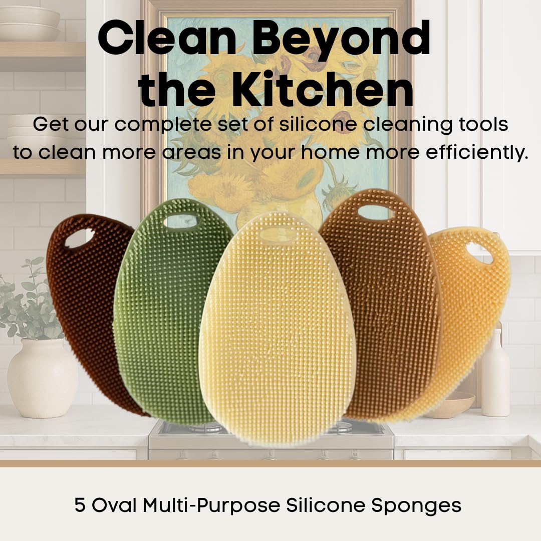 Esponja de silicona para platos, estropajo de silicona de grado alimenticio y limpieza de la casa, estropajo de cocina de silicona sin BPA [paquete de 5 óvalos otoños]