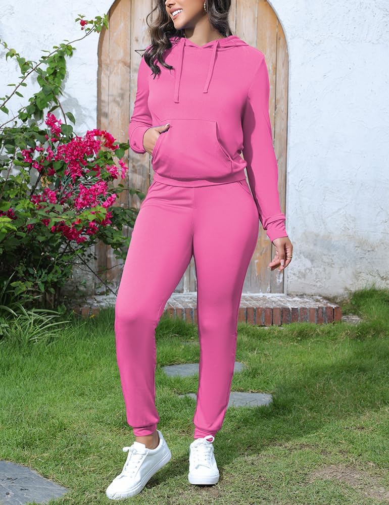 Women's Two Piece Outfit Casual Long Sleeve Hoodie Sweatshirts Jogger Sweatpants Tracksuit Sweatsuit Lounge Sets-Pink-XXL - Image 2