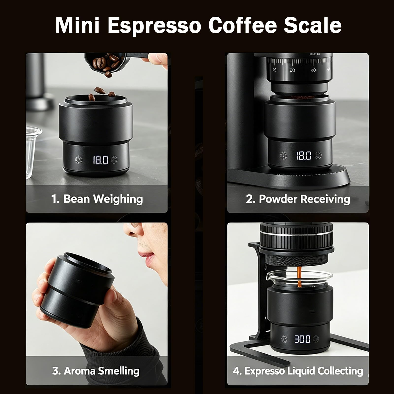 Taza dosificadora de café con báscula, herramienta de medición de espresso de 58 mm, con vidrio graduado de 60 ml, 0,1 g de alta precisión, rango de medición de 0,5 g-500 g, pantalla táctil LED, para
