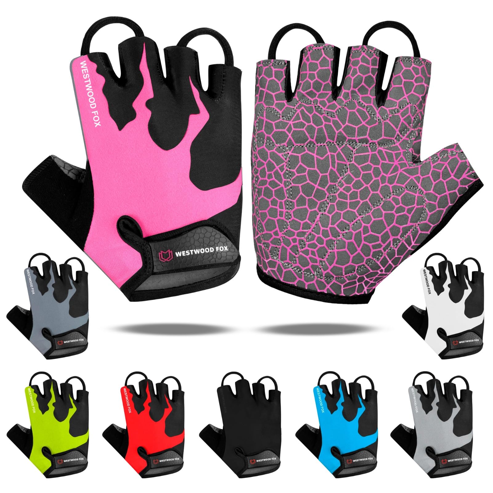 WESTWOOD FOX Guantes de ciclismo de medio dedo, unisex, acolchados, con palma, bicicleta, verano, equitación, MTB, para hombres y mujeres, antideslizantes, sin dedos, para bicicleta de montaña,