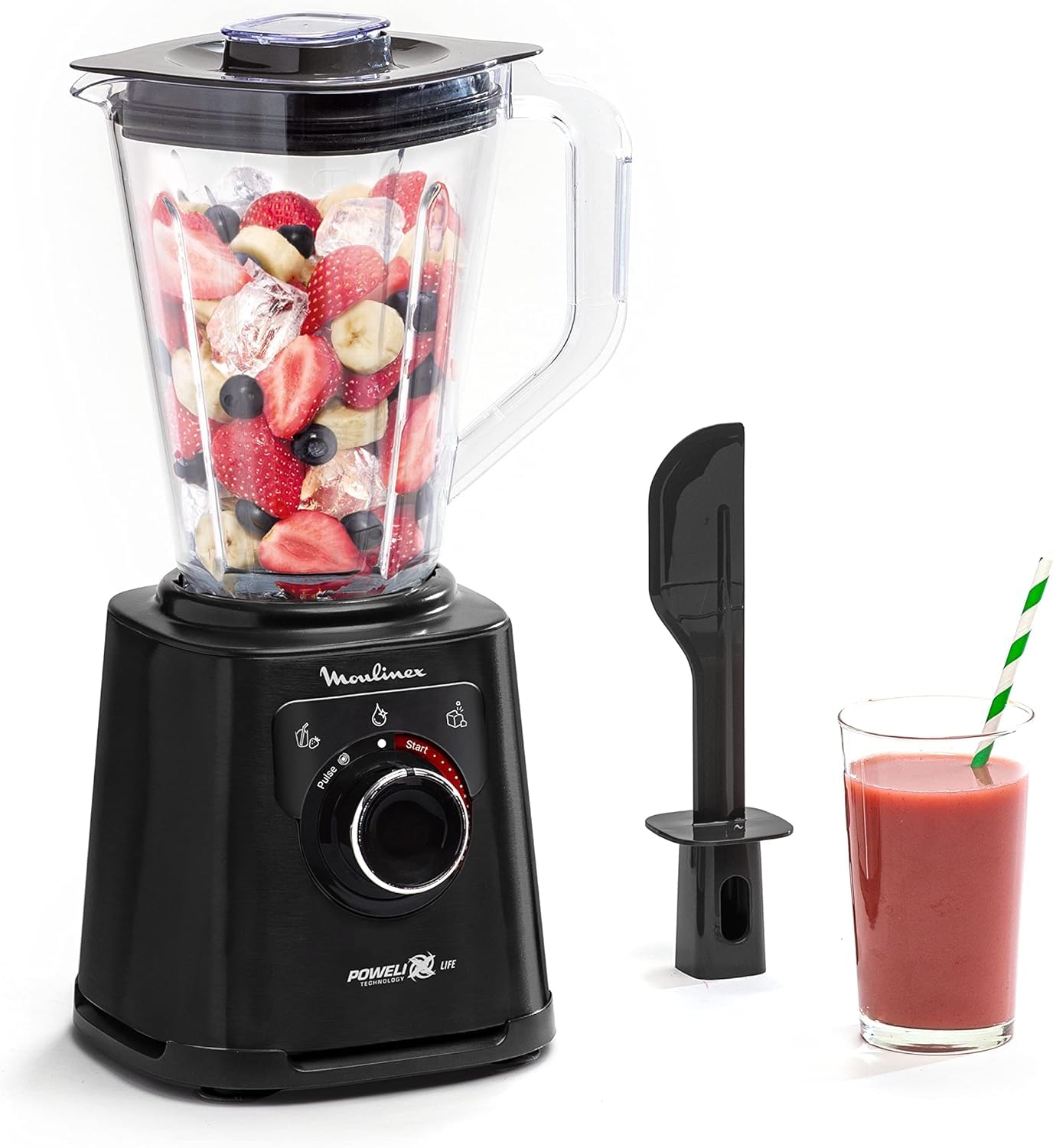 Moulinex PerfectMix +, Batidora de vaso de 1200W, Tecnología de cuchillas Powelix Life, Fácil de limpiar, Jarra de tritán ultraresistente de 1,5 L, Función AutoClean, Pica hielo, LM88A8