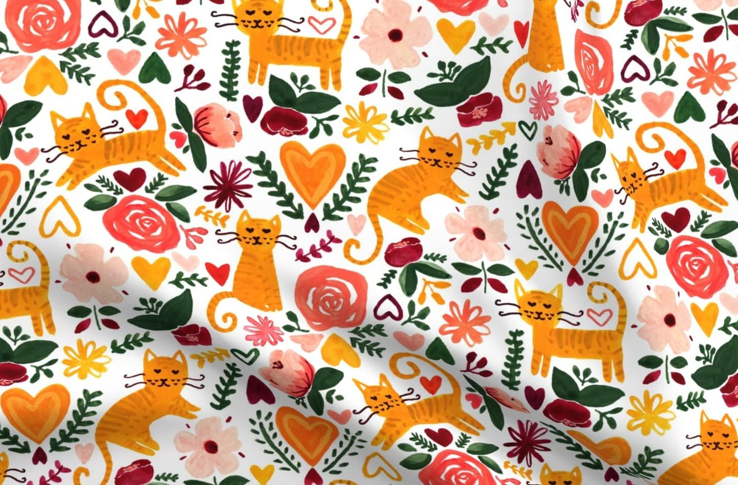Spoonflower Fabric - Valentine Cats Orange Green Maroon Coral Cat Animal Kitten Love Printed on Minky Fabric by The Yard - Sewing Baby Blankets Quilt Backing Plush