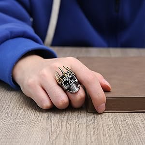 HZMAN Punk Skeleton King Crown Skull Ring, Mens Gothic Vintage