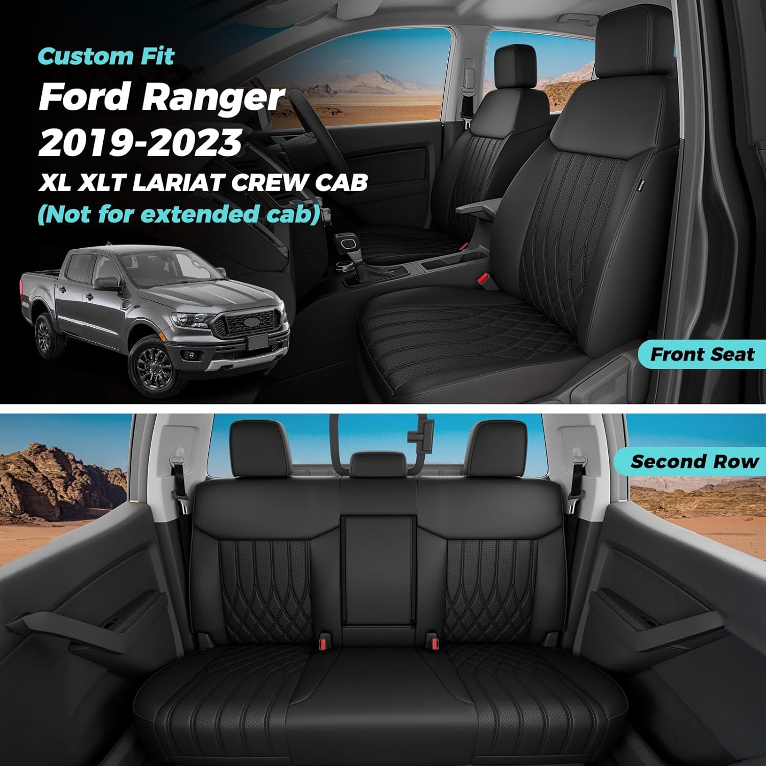 Seat Covers for Ford Ranger SuperCrew5 XLT Lariat 2019 2020 2021 2022 2023 & SuperCrew5 XL 2021-2023 Full Set, Rear w/Cup Holder, Leather Seat Cover Accessories Black