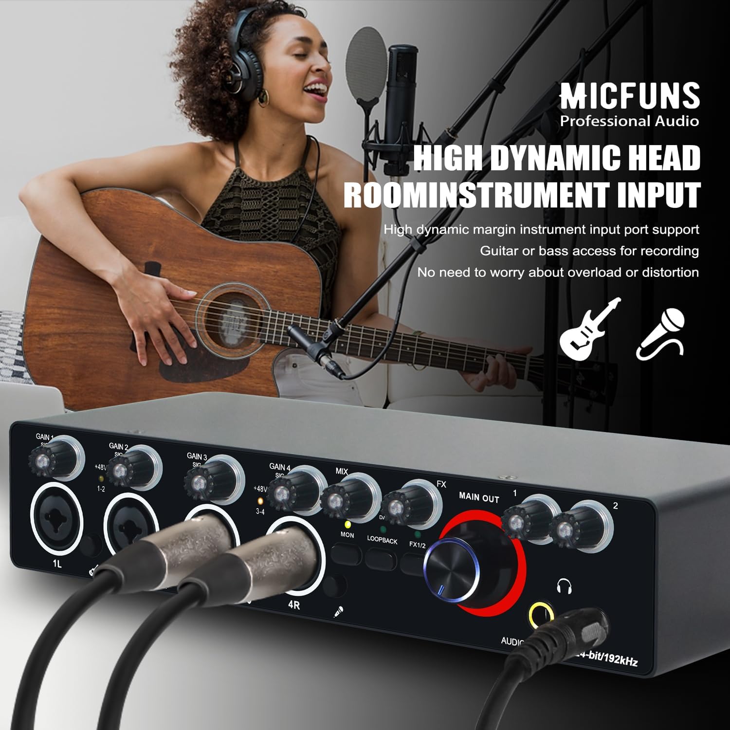 Micfuns MA01 with guitar and microphone connected