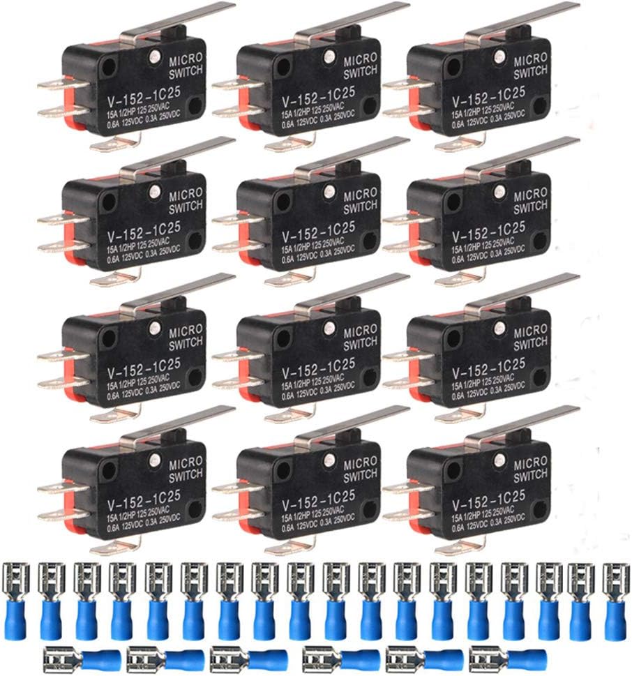 12pcs V-152-1C25 Micro Switch 1NO 1NC,3 Pin SPDT End Switch Momentary Actuator Micro Switch Push Button + 24pcs Terminals