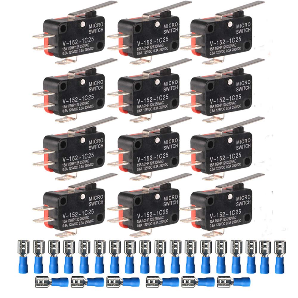 Gebildet12pcs V-152-1C25 Micro Switch 1NO 1NC,3 Pin SPDT End Switch Momentary Actuator Micro Switch Push Button + 24pcs Terminals