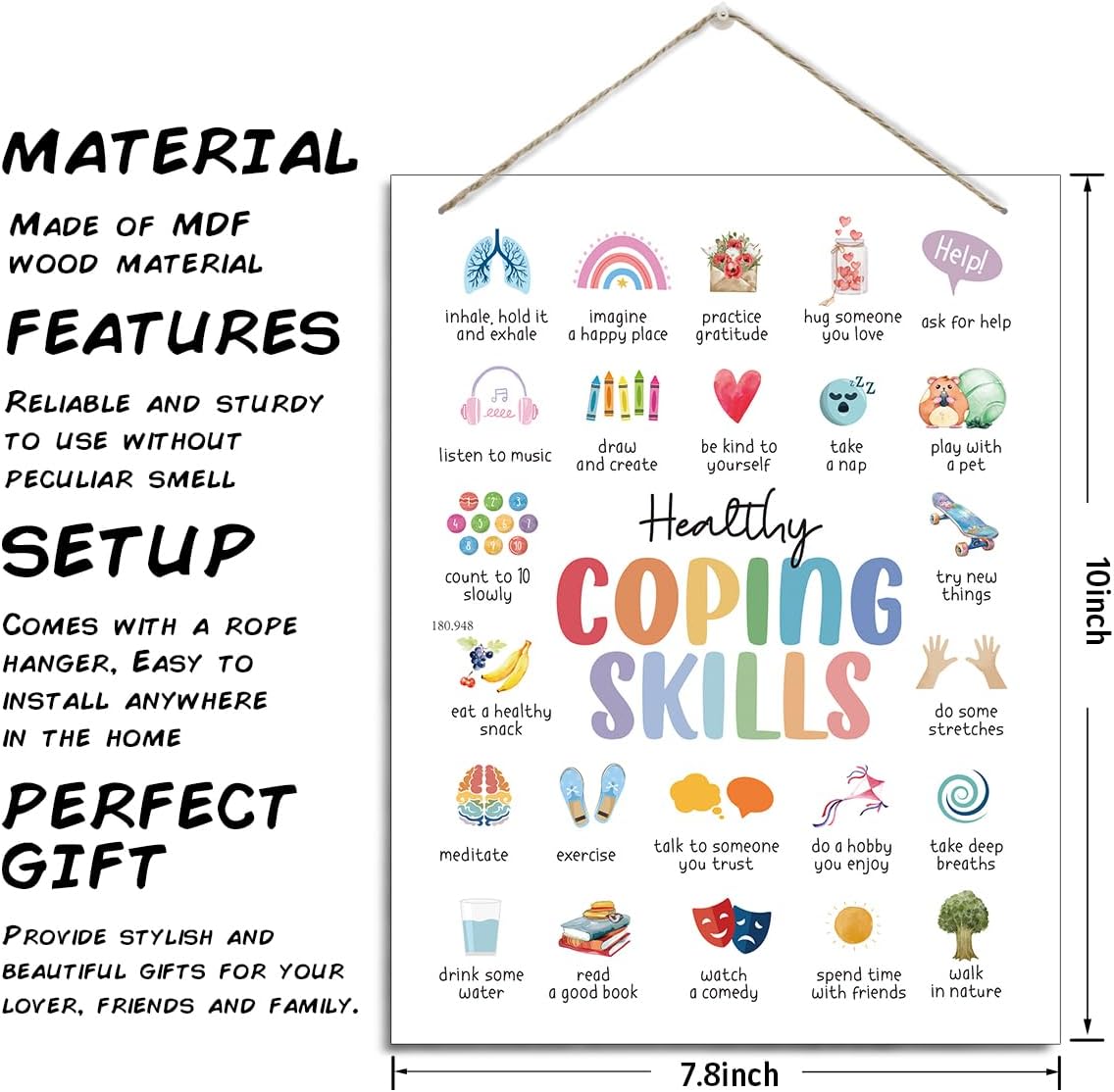 Mental Health Wooden Sign, Healthy Coping Skills Hanging Sign, Inspirational Hanging Decor for Classroom, Therapy Counseling Office Decor, Playroom Wall Decoration 8 X 10 Inches - Image 3