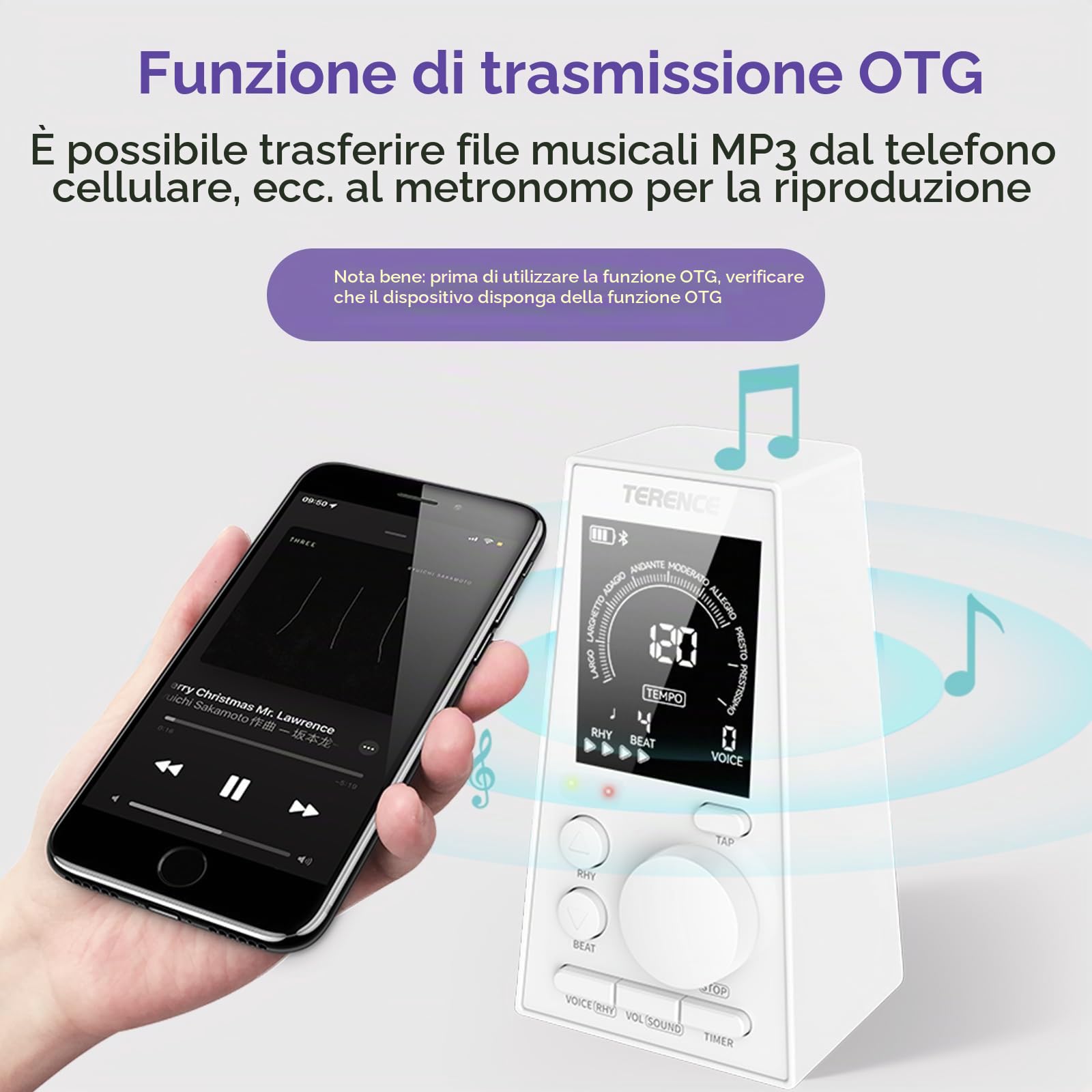 TERENCE Metronomo Digitale per Pianoforte Basso Ukulele Strumenti Musicali Metronomo Elettronico con Altoparlante LCD Display Volume Ritmo Regolabile Ricaricabile Timer Funzione Tempo 30-252bpm Bianco
