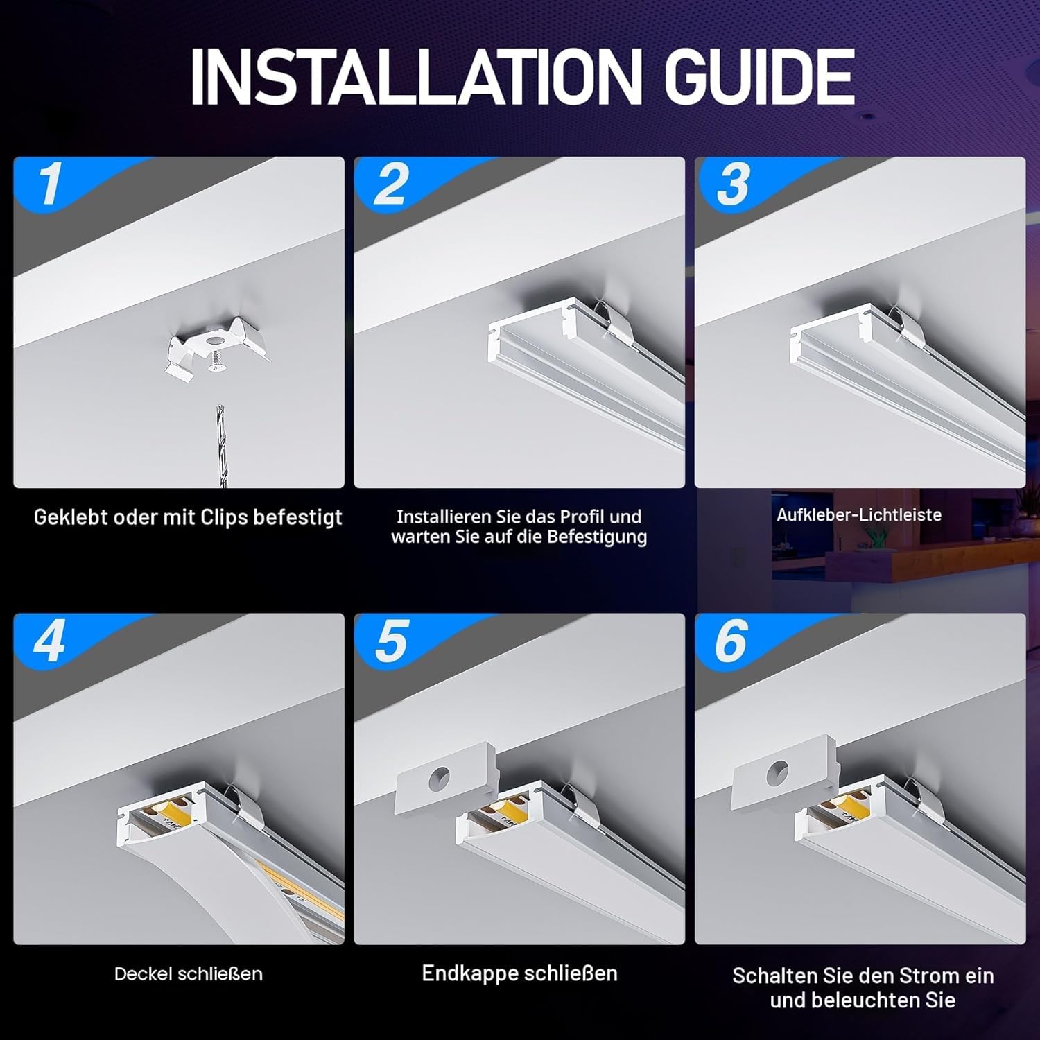 Shine Plus Profilé LED, rail LED, 12 profilés de 2 m, canal en forme de U, cache mat, taille maximale 17 mm, dimensions 19,3 × 9,9 mm