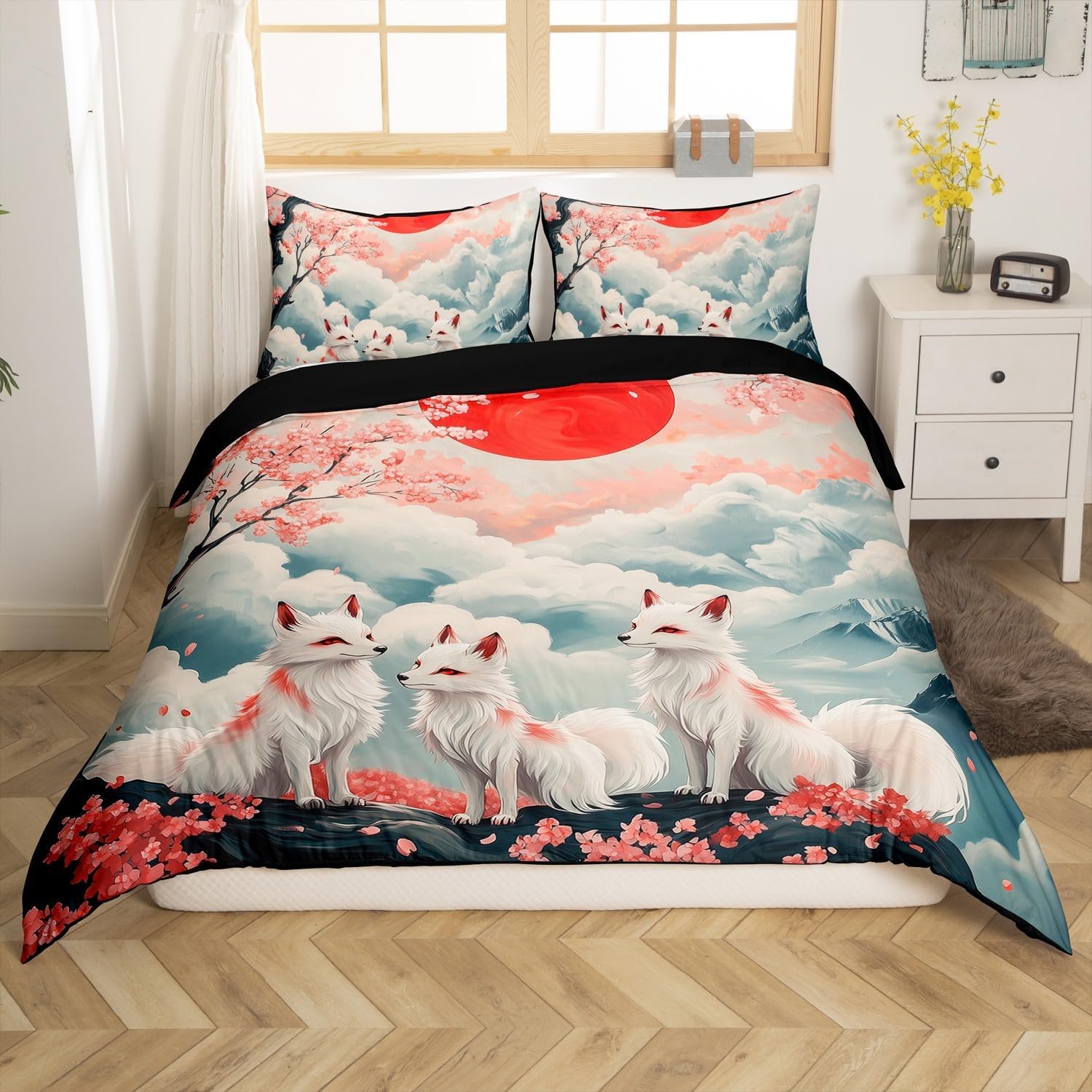 Japan Fox Duvet Cover Set Full Size,Japanese Landscape Ukiyoe Cherry Blossom Bedding Set,Boys Girls Room Decor,Wild Animal Trippy Comforter Cover,Pink White Quilt Cover,2 Pillowcases(No Comforter)
