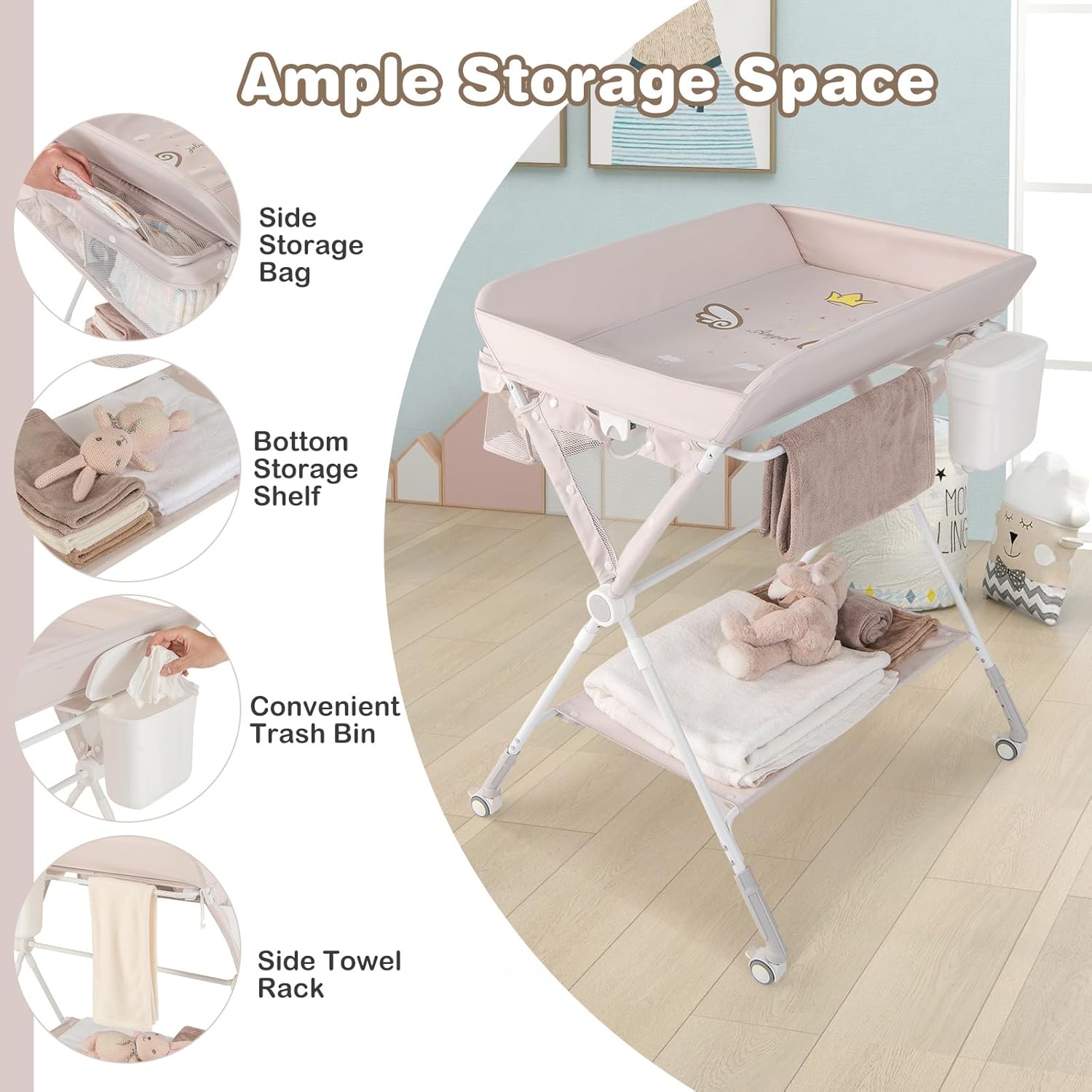 HONEY JOY Changing Table, Folding Mobile Nursery Organizer w/Wheels, Adjustable Height, Storage Bag & Open Shelf, Portable Diaper Changing Station for Newborn Infant (Beige, 32"x26"x39.5")
