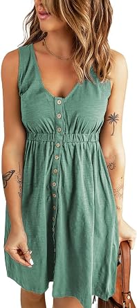 Acelitt Women Summer Casual Sleeveless Button Down Elastic Waist Swing Dresses, XS-2XL