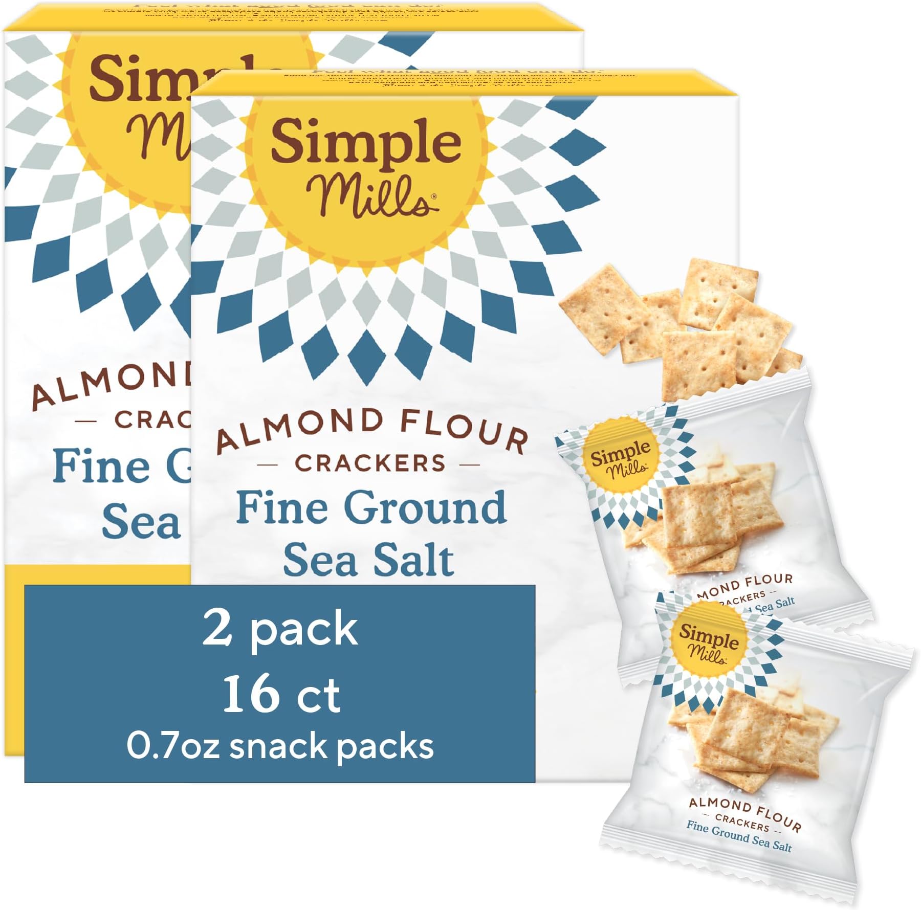Simple Mills Almond Flour Crackers Snack Packs, Sea Salt, Gluten Free, Flax Seed, Sunflower Seeds, Corn Free, Good for Snacks, 6.5 oz, Pack of 2 (8 Bags per Box)