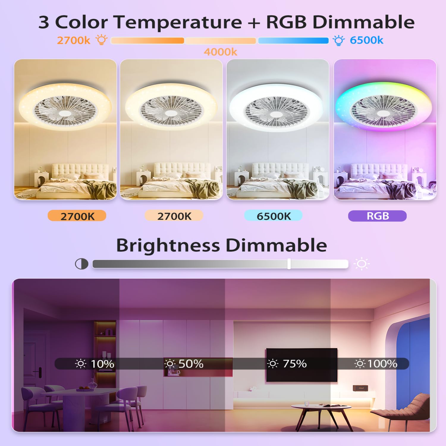 Aigostar- Ventilador Techo Alexa, Luz LED 40W, 4400LM, 2700K-6500K y RGB Regulable, Lampara Ventilador Techo Inteligente con Mando a Distancia y Gateway, Silencioso, 6 Velocidades, Diameter 50CM,2Uds