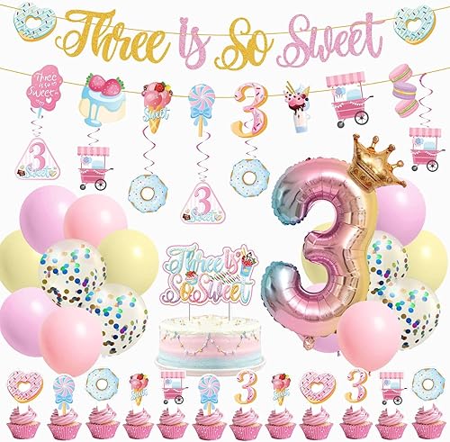 Decoraciones de tercer cumpleaños para niñas, decoraciones de tercer cumpleaños rosa, decoración de fiesta de cumpleaños de helado con pancarta de