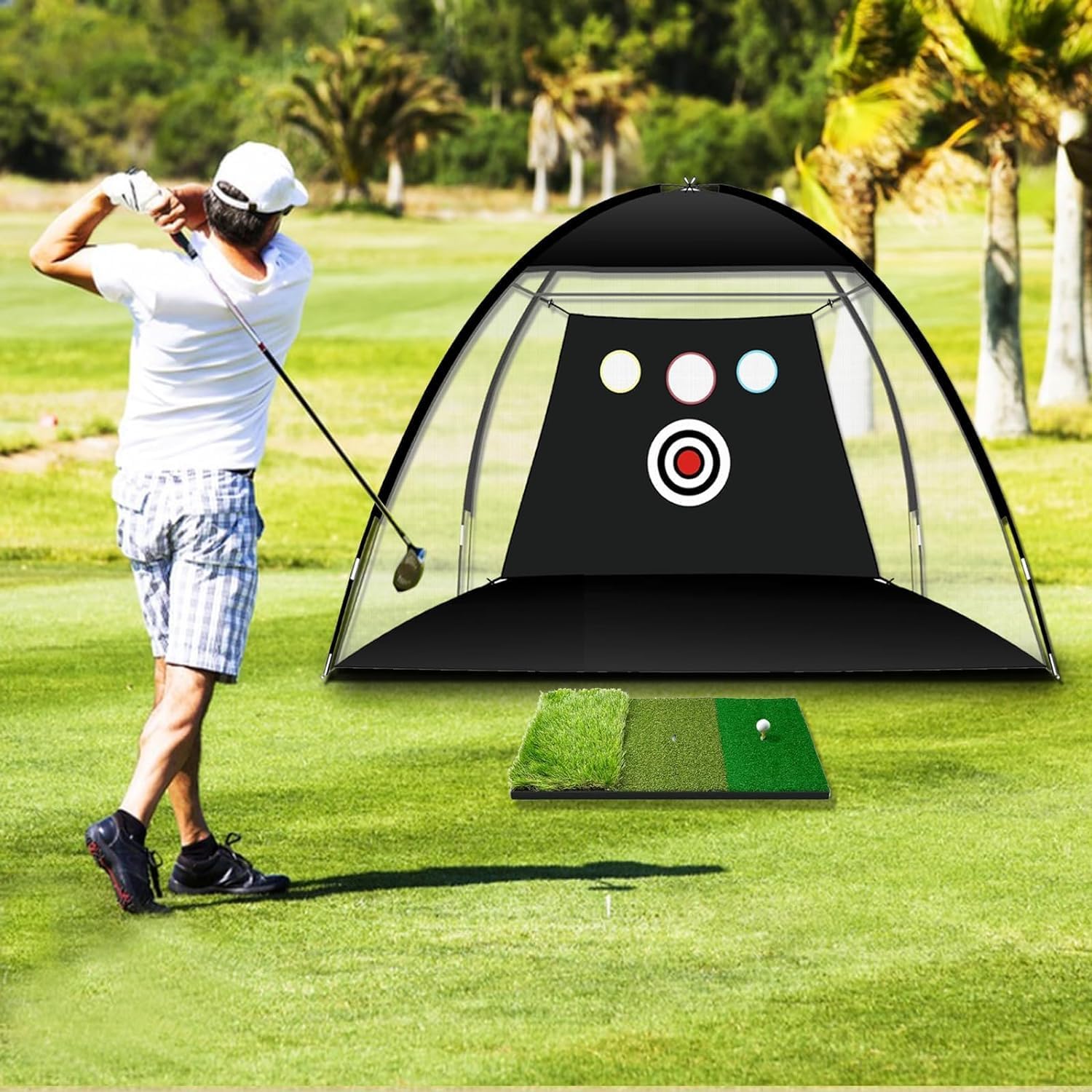 Golfnetz 3x2.1x1.8m Golf Trainingsnetz mit Schlagmatte für Hinterhof Drinnen Draußen Chipping Driving, und Pitching-Fahrnetze für den Innen- und Außenbereich, Garagennutzung, Golfschwungtraining