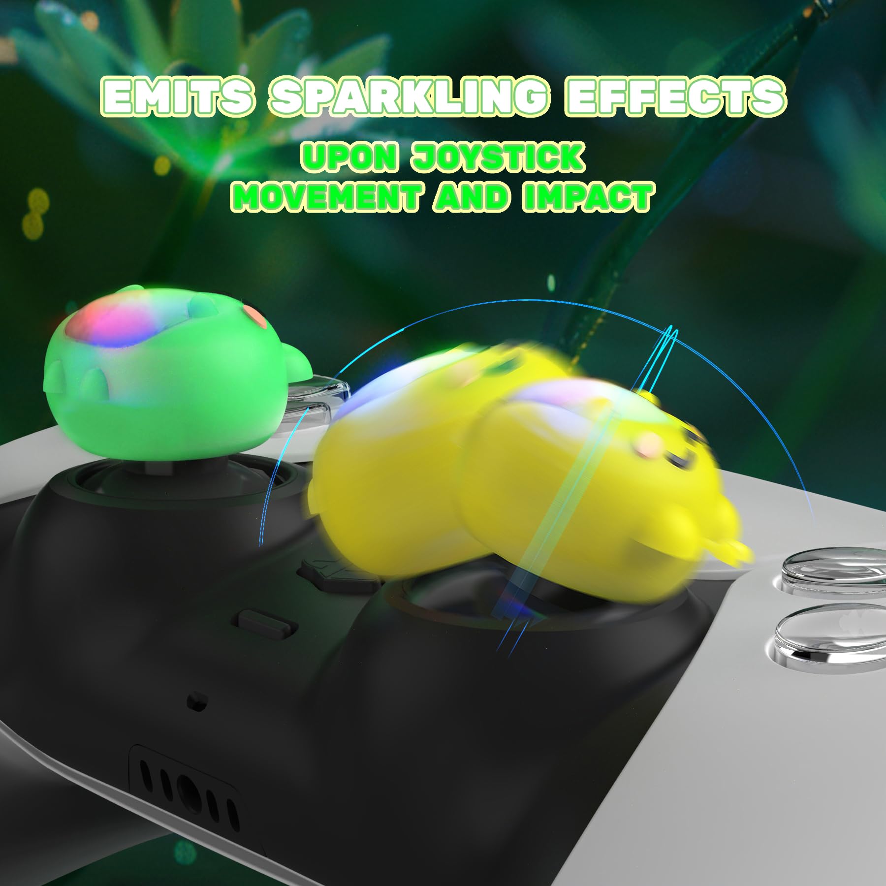 PlayVital LED Iluminados Agarres para el Pulgar - Tapas de Joystick para ps5/4, para Xbox Series X/S, para Xbox One, para Switch Pro, Cubiertas de Agarre con Diseño Divertido (Rana Verde & Amarillo)