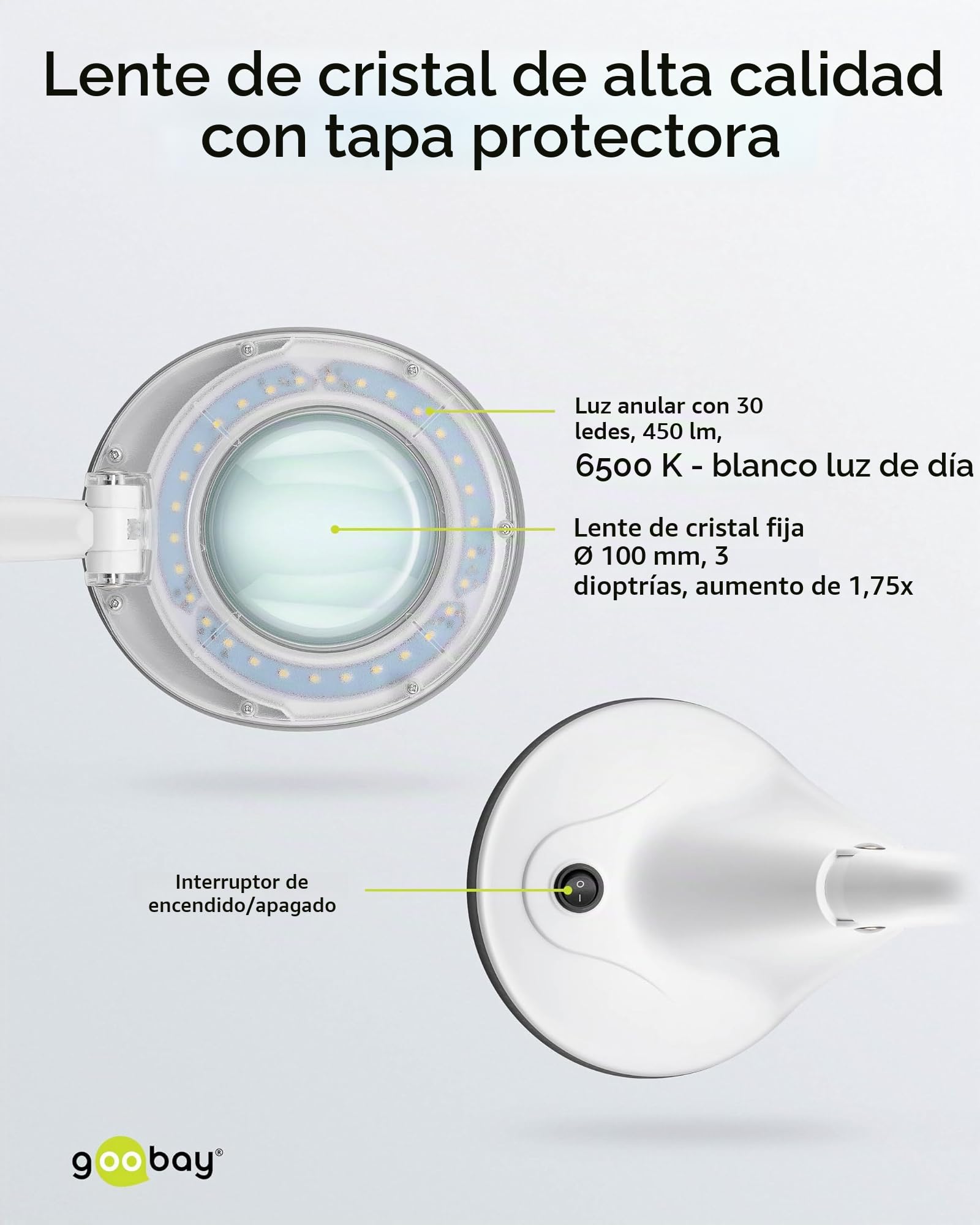goobay 60366 Lámpara de Lupa LED/lámpara de Lupa con pie/Lupa de pie con luz / 6 W Consumo/Temperatura de Color 6500 K/Flujo Luminoso 450 LM/tensión de Servicio 230 V (AC) / Blanco