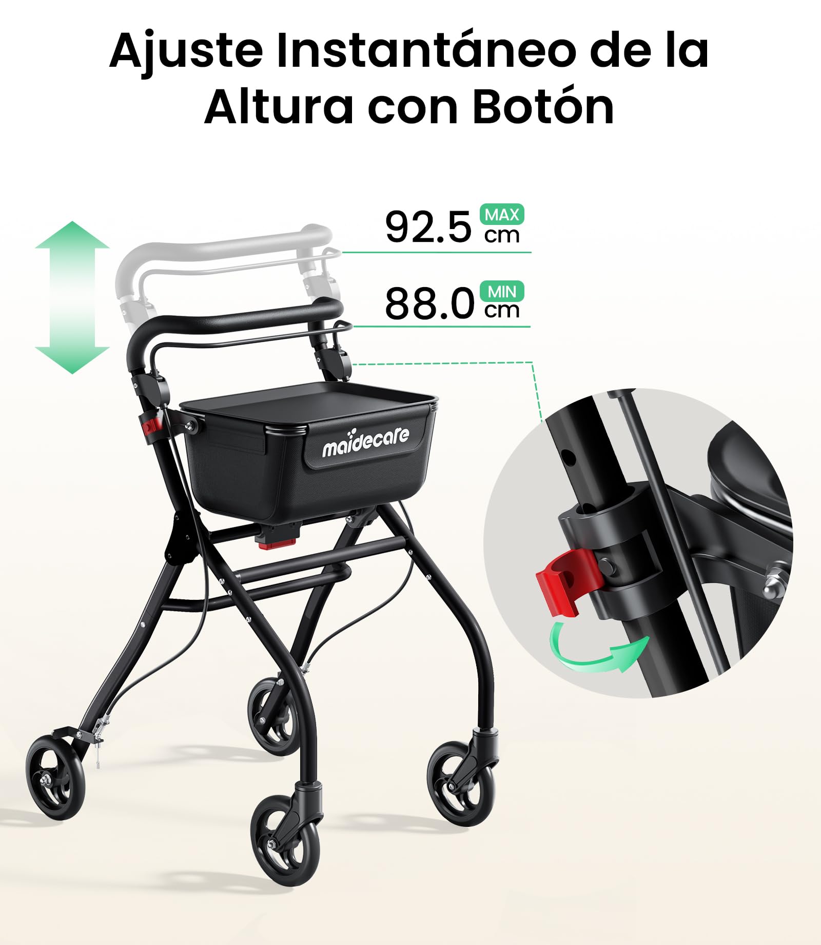 Andador para Ancianos, Andador Plegable con Asiento para Personas Mayores, Estrecho para Apartamento, Modelo de Interior Plegable y Ligero con Bandeja y Bolsa de Tela, 4 ruedas, Aluminio, Negro