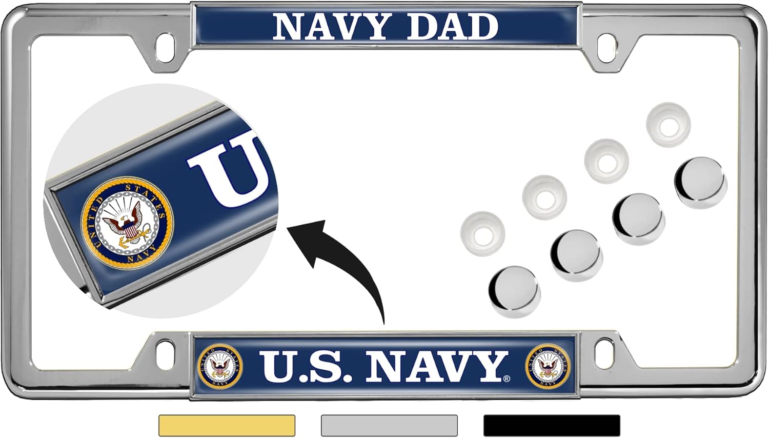 [Officially Licensed Product] - U.S. Navy Dad with Eagle, Anchor Logo - Domed Custom-Made Personalized Narrow (Thin) Top 4 Hole Metal Car License Plate Frame with Free caps - Chrome (Qty: 1 Frame)