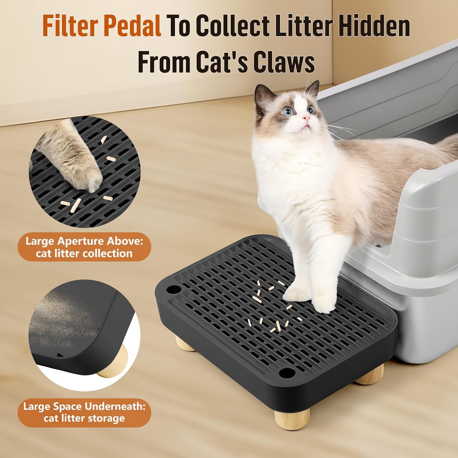 Litter Box Step, Cat Litter Ramp with Wooden Base, Black image 3