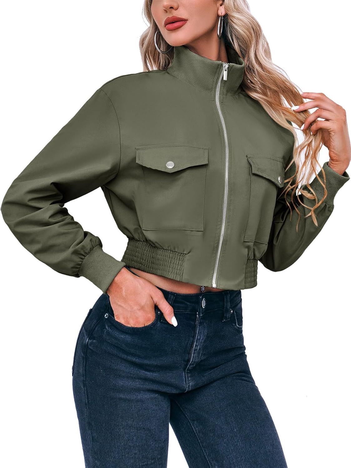 Fisoew Women's Cropped Bomber Jackets Lightweight Zip Up Stand Collar Long Sleeve Short Jacket with Pockets - Image 2