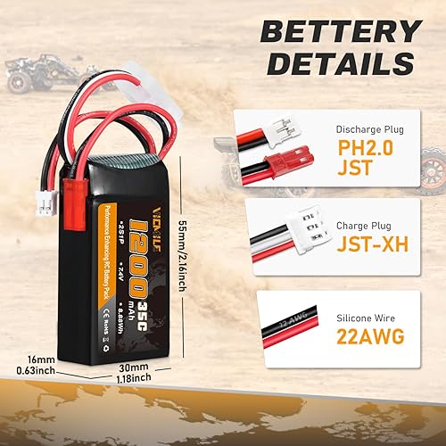 Miniatura 3 de Batería SCX24 7.4V 1200mAh Lipo Batería 2S 35C (Burst 70C) con PH2.0 JST Plug Fit para SCX24 RC Car WLtoys A949 A959 A969 A979 K929 y la mayoría 110