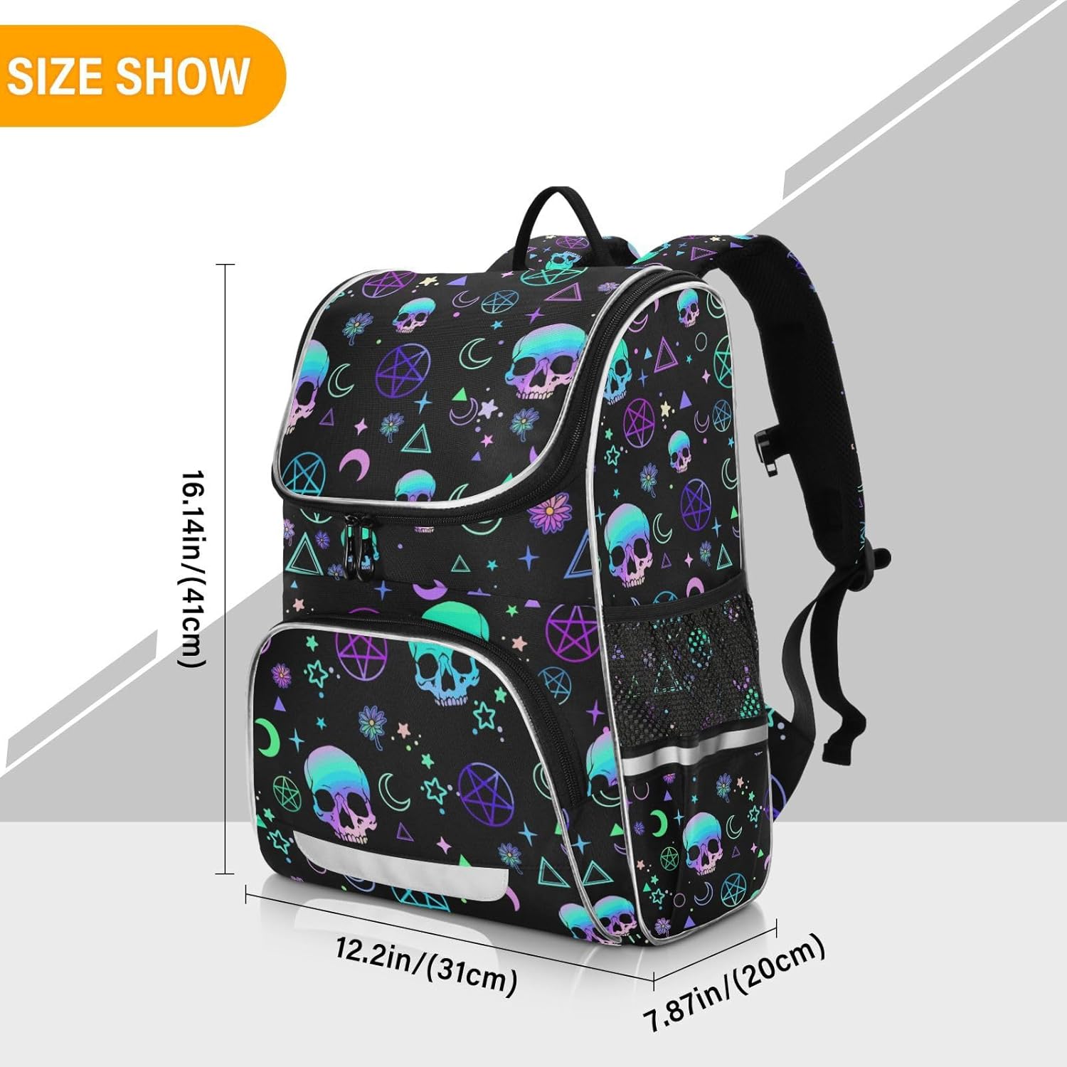 Custom Personalized Magic Bat Skull Backpack with Reflective Strip for Kids Boys Girls Elementary School Bag Removable Chest Strap