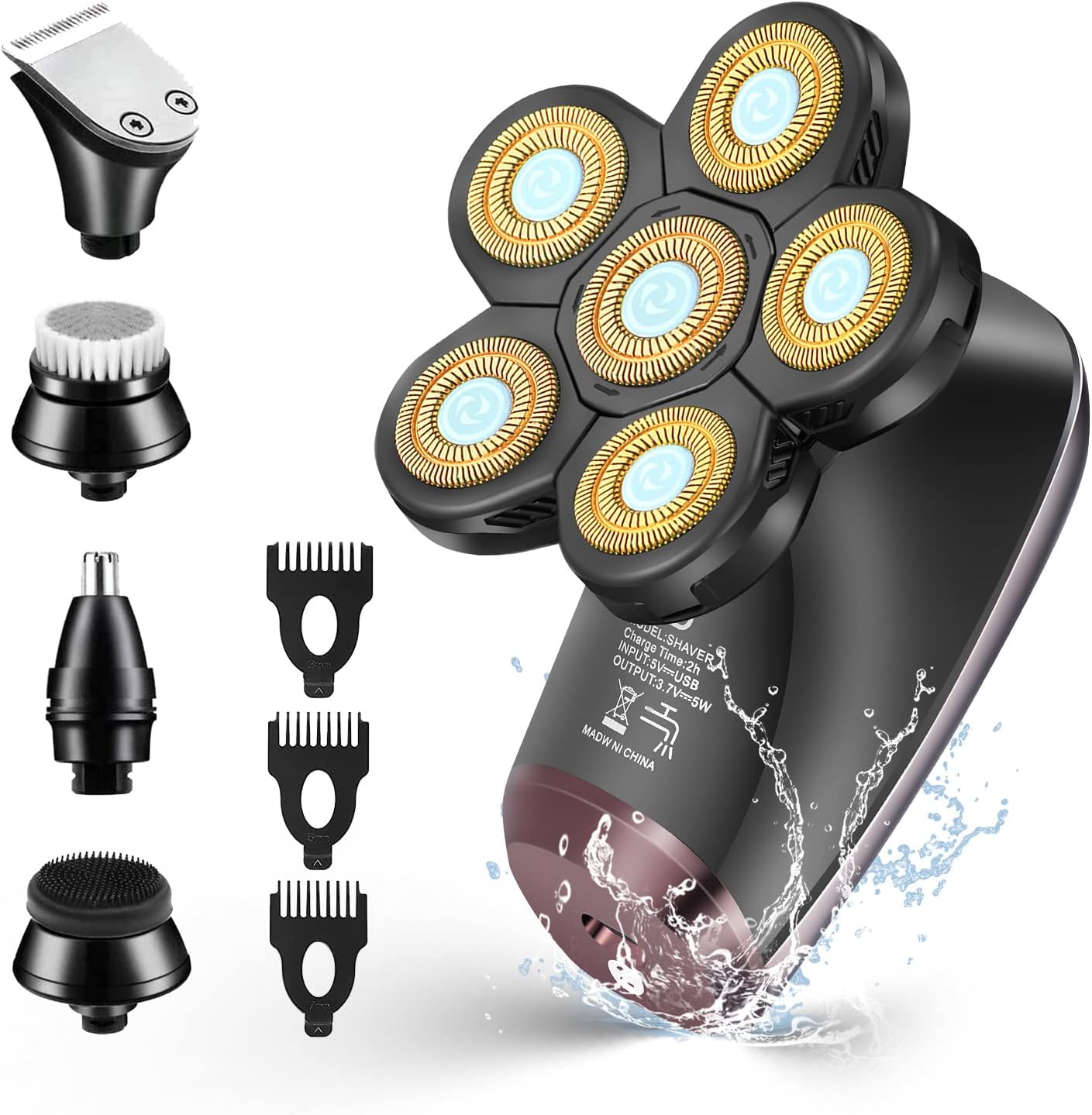 Roziapro Upgrade Head Shavers for Bald Men Wet & Dry Electric Razor for Men 5 in 1 Grooming Kit Mens Bald Head Shaver Cordless Rechargeable Electric Shaver with LED Display(Black)