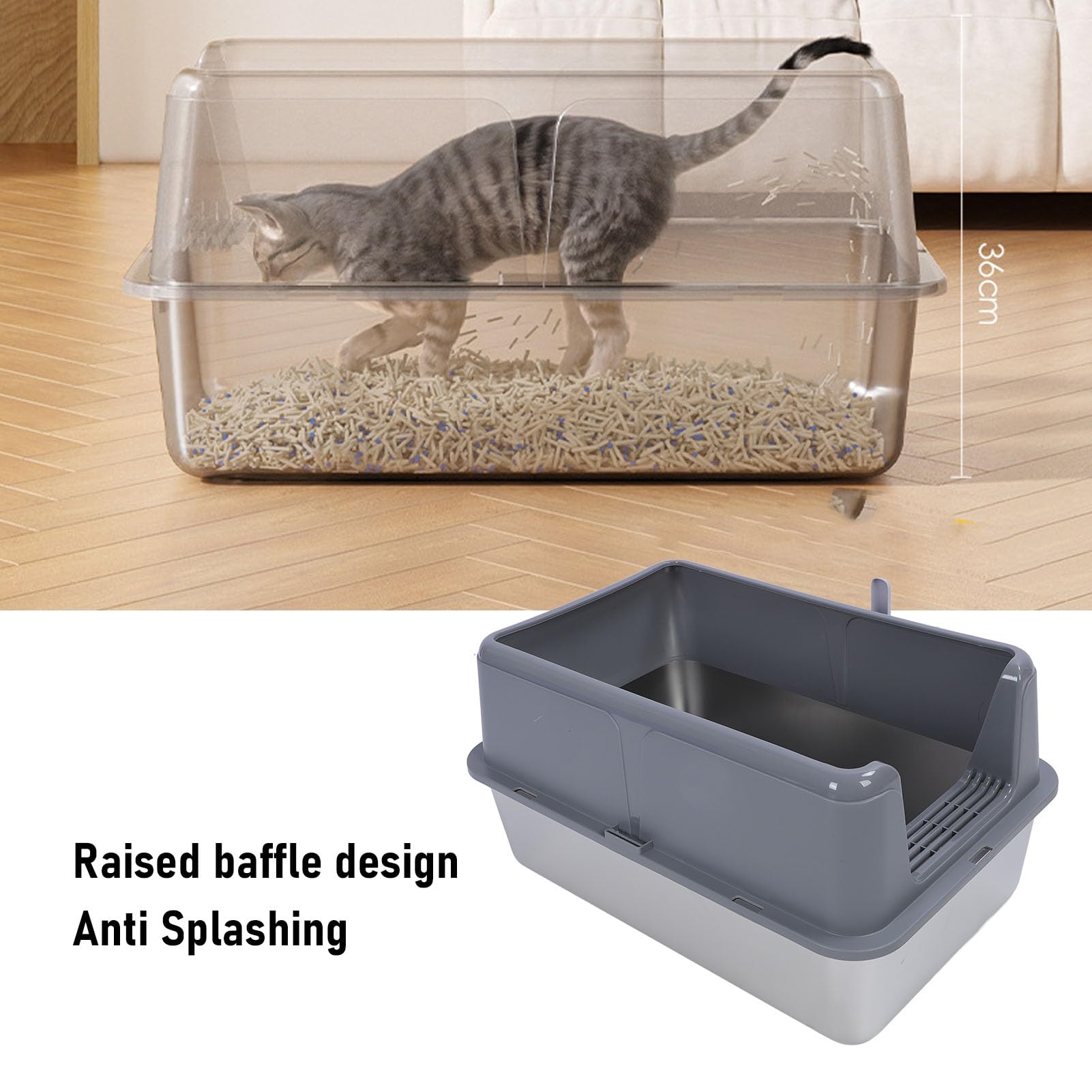 Arenero Cerrado de Acero Inoxidable para Gatos, Extra Grande 23,62x15,75x5,91 Pulgadas Arenero metálico para Gatos, Bordes Altos, antisalpicaduras, fácil de Limpiar (Grey)