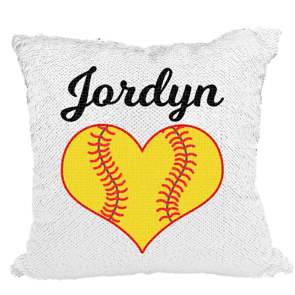 Softball Heart Girls Personalized Mermaid Reversible Sequin Pillow (Rose Gold/White)